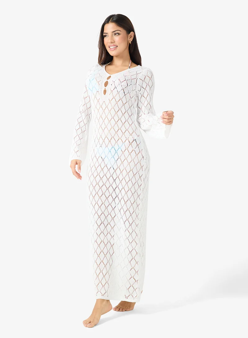 جينجر Crochet Plunge Neck Beach Dress
